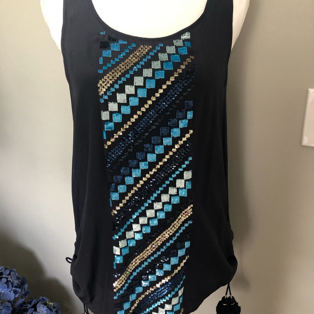 Figue brand 100% silk navy tunic with side ties and sequin details